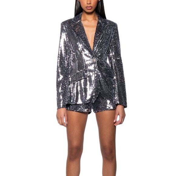 Callie Holiday Sequin Fitted Suit Blazer & Shorts In Hematite Small - Picture 3 of 13